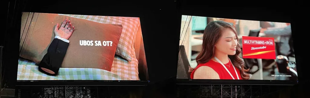 Two screens showcase a woman and a man in a multivitamin ad highlighting stress from working overtime.