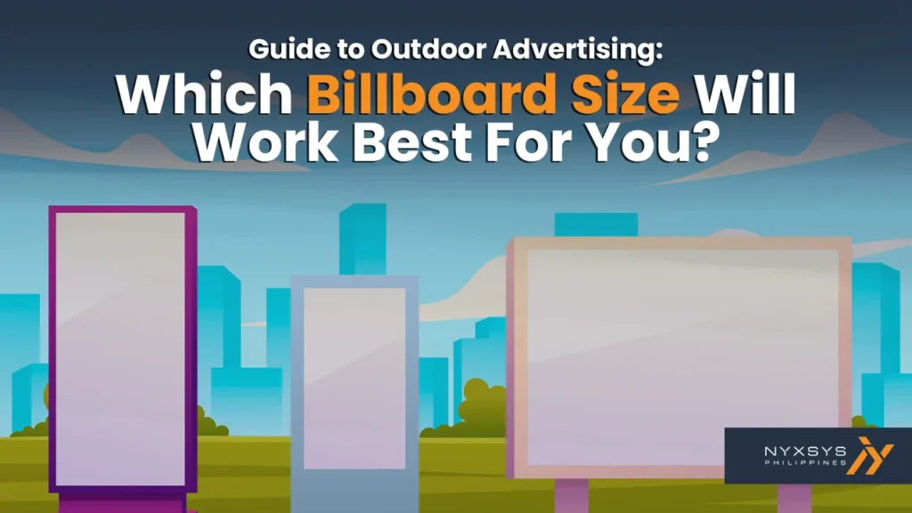 Illustrated guide on outdoor advertising billboard sizes, showing three different billboard shapes: vertical, square, and horizontal, with the title "Which Billboard Size Will Work Best For You?"