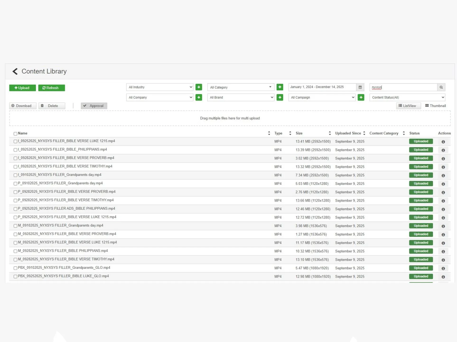 A screenshot of a 'Content Library' table showing a list of media files, mostly MP4 videos, with details like Name, Type, Size, Uploaded Since date (September 9, 2025), Content Category, Status (Uploaded), and Actions. Filters are visible at the top for Industry, Category, Brand, Campaign, Content Status, and date range ("January 1, 2024 - December 14, 2025").