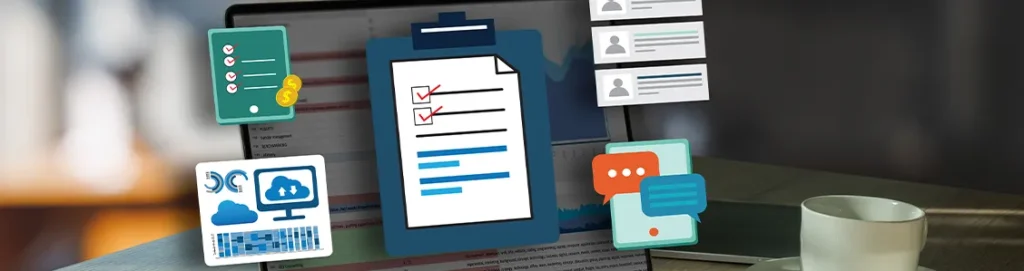 Content management software interface with task lists, cloud storage, user profiles, and chat messages.