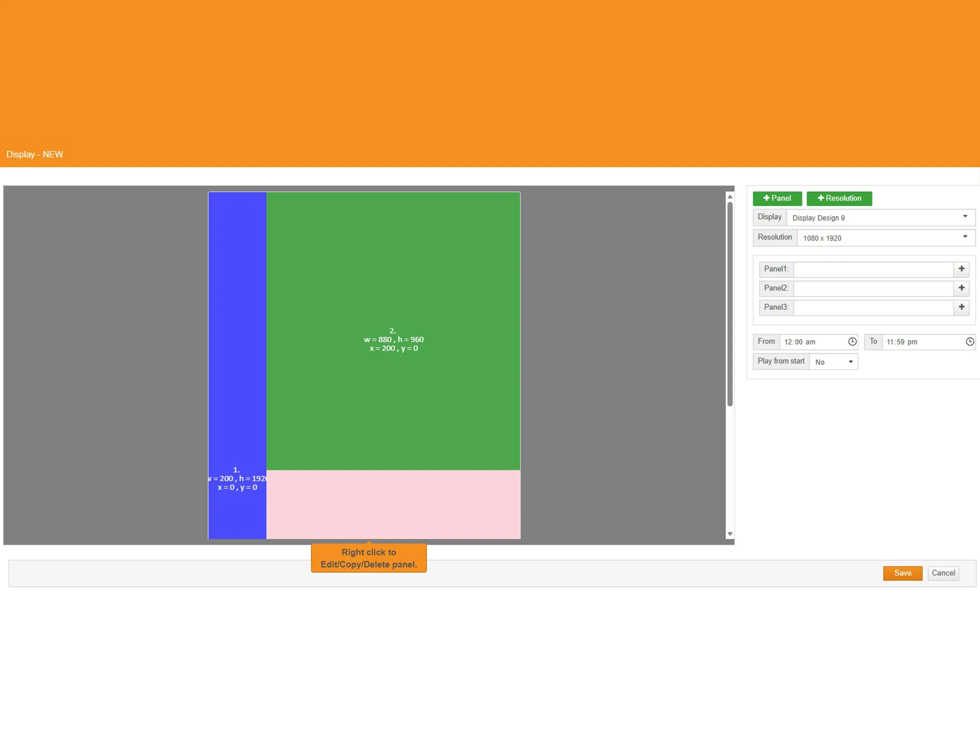 A user interface for designing a display layout. The main area shows a large gray canvas with three colored panels: a blue vertical panel on the left (Panel 1: w=200, h=1920, x=0, y=0), a large green panel in the center (Panel 2: w=880, h=960, x=200, y=0), and a pink rectangular panel at the bottom (implied Panel 3). A control panel on the right allows selection of Display Design 9 with a resolution of 1080 x 1920, and includes panel settings, play time from 12:00 am to 11:59 pm, and a "Play from start" option.