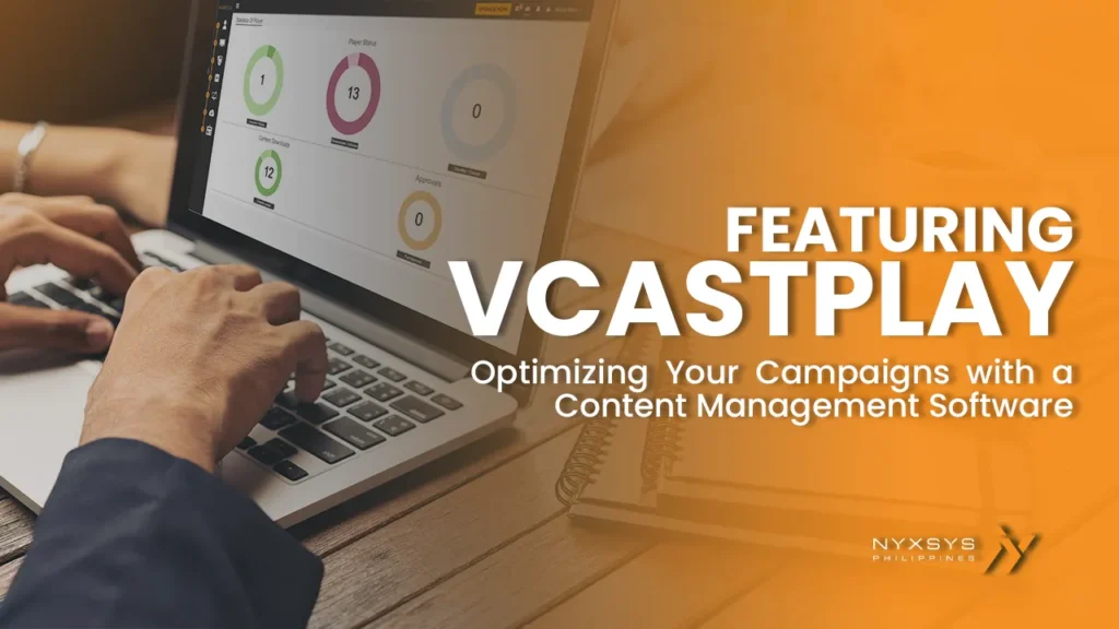 Person optimizing digital marketing campaigns with VCASTPLAY content management software on a laptop