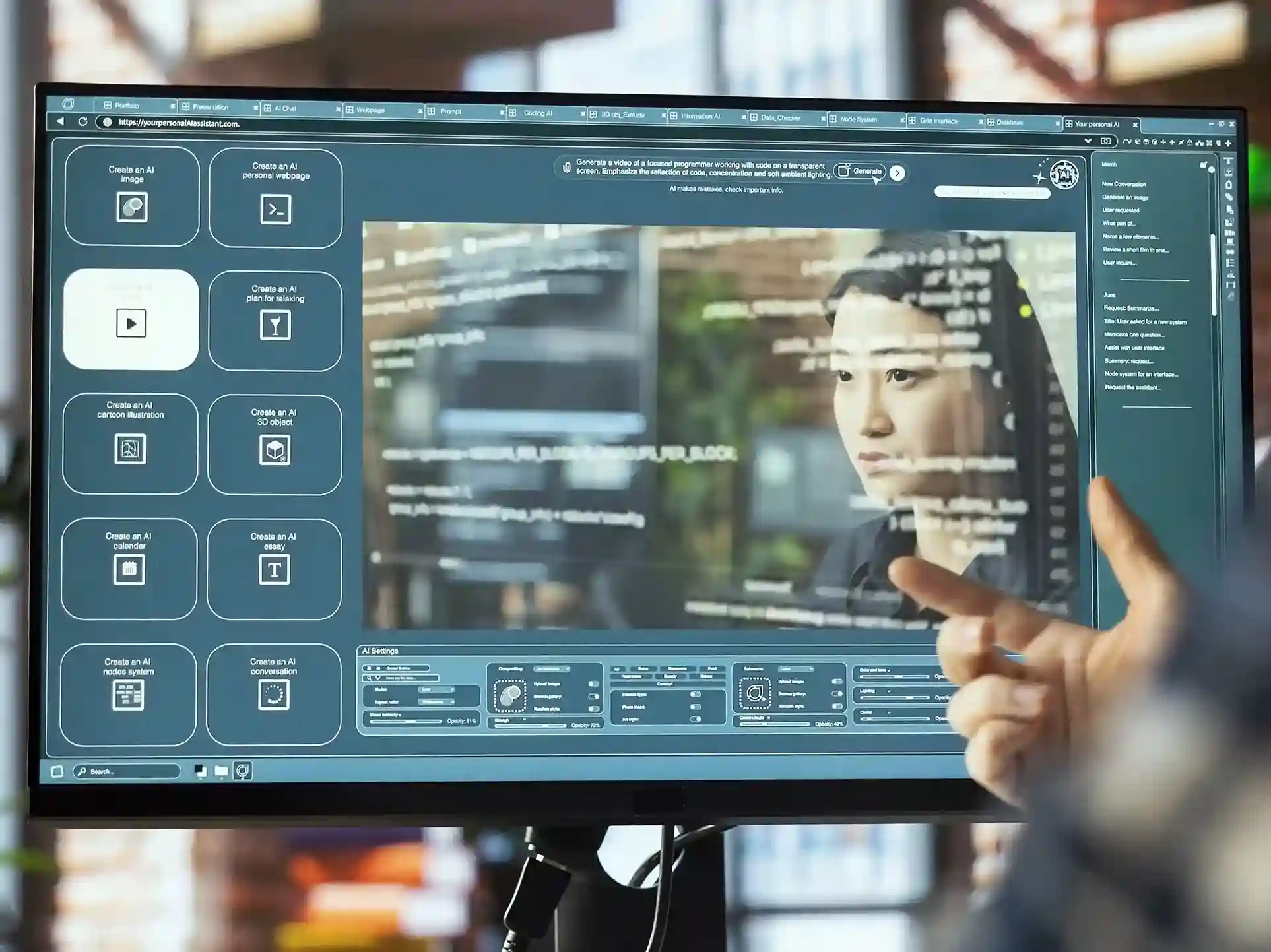 A person's hand pointing at a large monitor displaying an AI tool interface, featuring a video of a female looking at a LED signage dislplay.