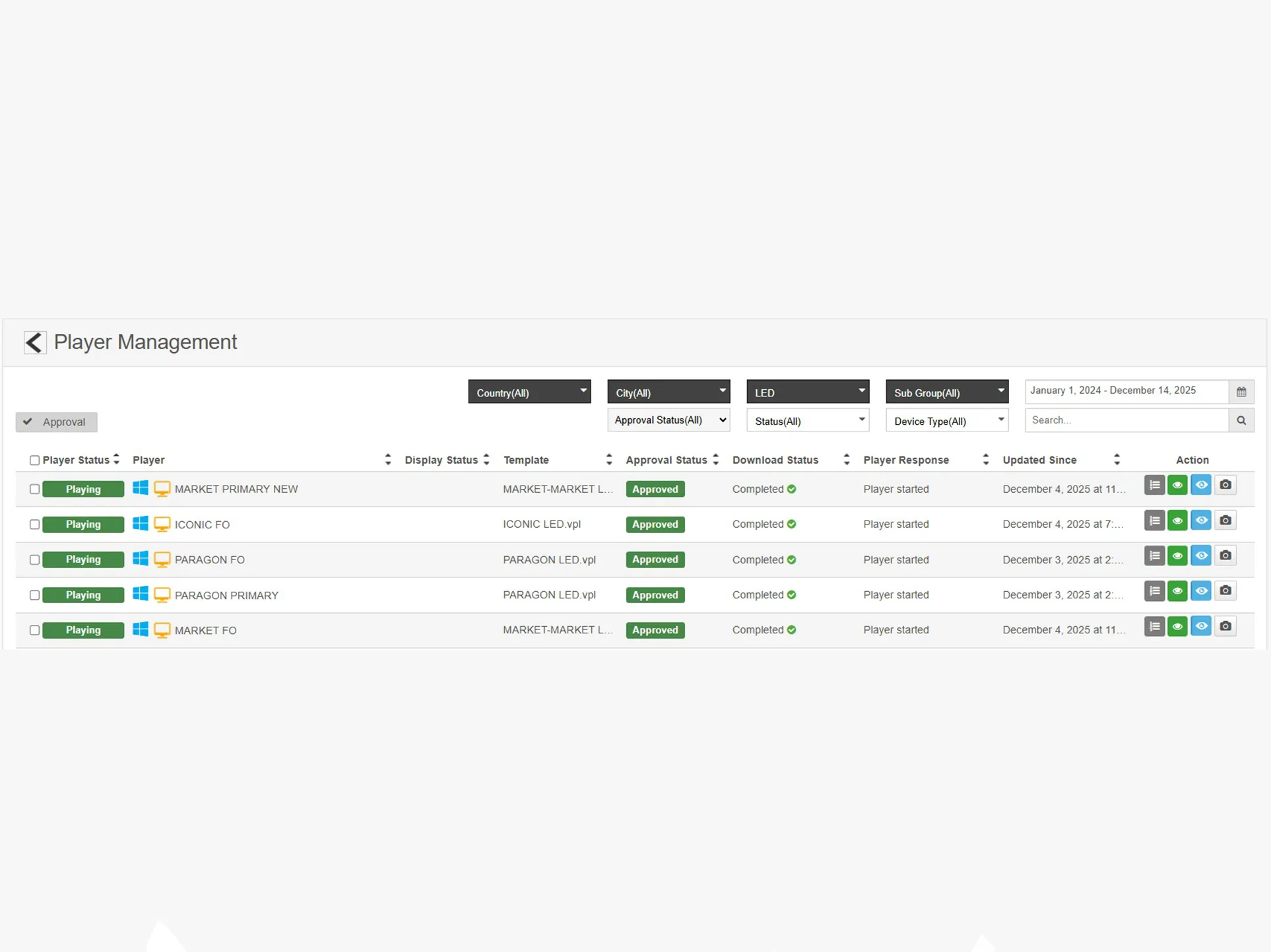 A 'Player Management' table showing a list of digital signage players with columns for Player Status (all showing "Playing"), Display Status, Template, Approval Status (all "Approved"), Download Status (all "Completed"), Player Response, Updated Since, and Action buttons. Players listed include "MARKET PRIMARY NEW," "ICONIC FO," and "PARAGON FO."