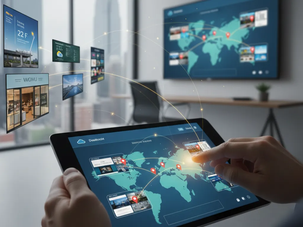 Person using a tablet to remotely manage a global network of digital screens displaying weather, retail promotions, and maps.